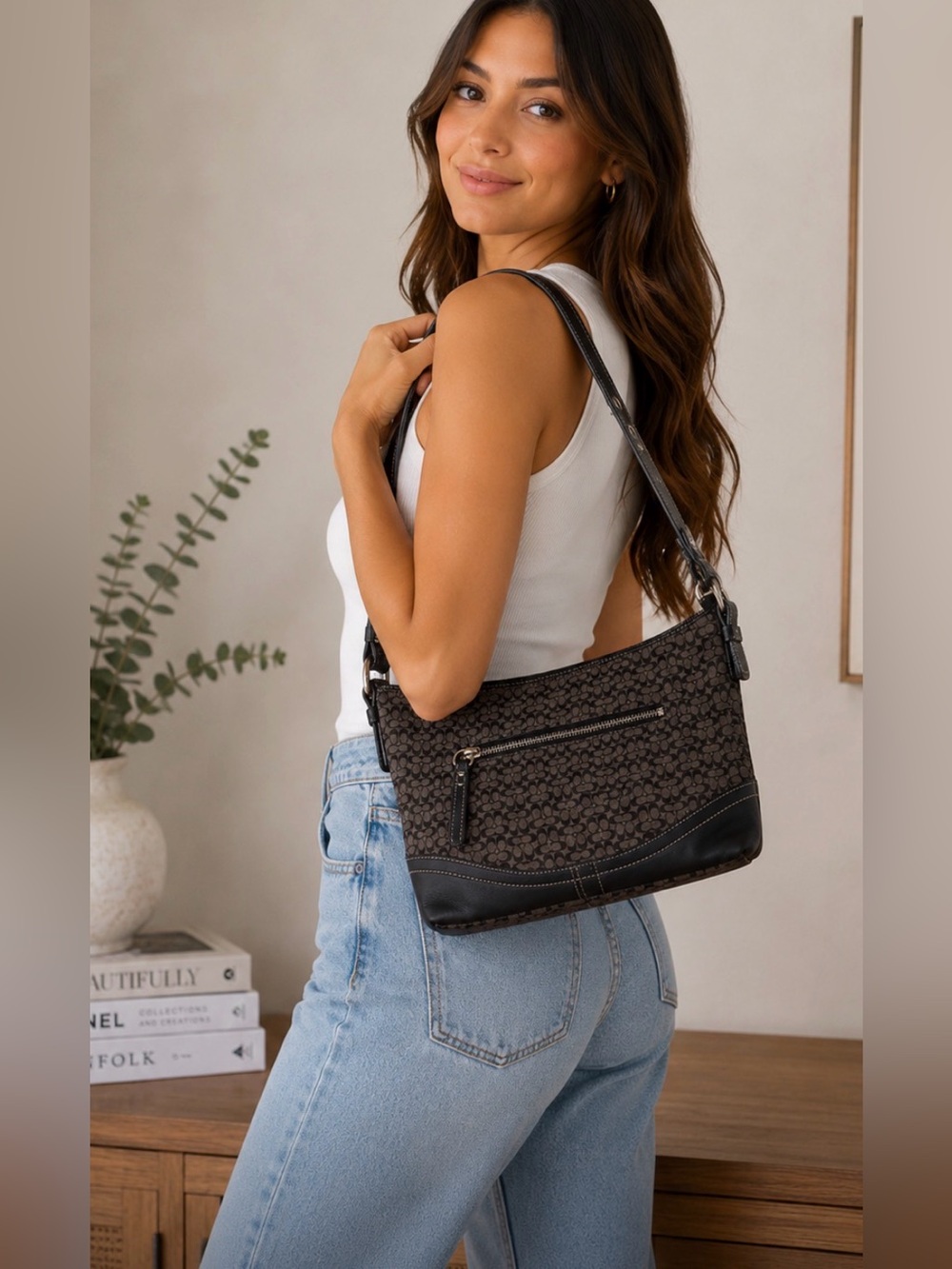 Vintage Coach Mini Soho hobo bag in a black and grey signature C monogram